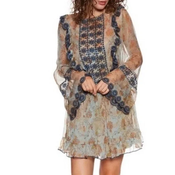 Free People Country Roads Mini Dress Lightweight Embroidered Ruffle Blue Size XS - Picture 11 of 11